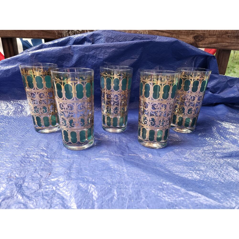 Vintage 5 MCM Colored Scroll 22k Gold Glasses Culver Highball Tumbler Glass Cups